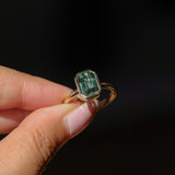 2.62ct Teal Green Emerald Cut Sapphire Low Profile Bezel Ring in 14k Yellow Gold