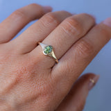 0.71ct Oval Green Precision Cut Montana Sapphire Low Profile 4 Prong Signet Solitaire in 14k Yellow Gold