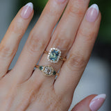 1.70ct Untreated Radiant Cut Vibrant Teal Green Sapphire Antique-Style Diamond Halo Ring in 14 Yellow Gold