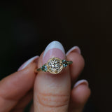 1.05ct GIA Antique Old European Cut Diamond and Trillion Madagascar Sapphire Antique Style Compass Set Low Profile Ring with Milgrain in 18k Yellow Gold