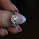 1.05ct GIA Antique Old European Cut Diamond and Trillion Madagascar Sapphire Antique Style Compass Set Low Profile Ring with Milgrain in 18k Yellow Gold