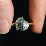 2.35ct Teal Blue Grey Untreated Pear Montana Sapphire and Diamond Asymmetrical Cluster Ring in 18k Yellow Gold