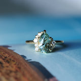 2.35ct Teal Blue Grey Untreated Pear Montana Sapphire and Diamond Asymmetrical Cluster Ring in 18k Yellow Gold