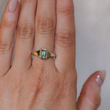0.71ct Australian Emerald Cut Parti Sapphire Low Profile 4 Prong Signet Solitaire in 14k Yellow Gold