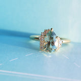 2.35ct Teal Blue Grey Untreated Pear Montana Sapphire and Diamond Asymmetrical Cluster Ring in 18k Yellow Gold