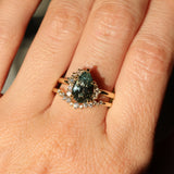 2.35ct Teal Blue Grey Untreated Pear Montana Sapphire and Diamond Asymmetrical Cluster Ring in 18k Yellow Gold