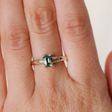 0.98ct Australian Emerald Cut Parti Sapphire Low Profile Four Prong Spring Bloom Solitaire in 14k Yellow Gold