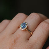 1.63ct Oval Untreated Madagascar Teal Sapphire Antique-Style Diamond Halo Ring in 14k Yellow Gold