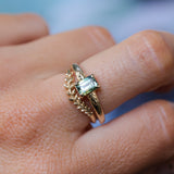 0.98ct Australian Emerald Cut Parti Sapphire Low Profile Four Prong Spring Bloom Solitaire in 14k Yellow Gold