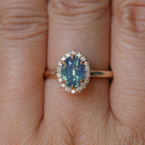 1.63ct Oval Untreated Madagascar Teal Sapphire Antique-Style Diamond Halo Ring in 14k Yellow Gold