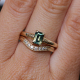 0.98ct Australian Emerald Cut Parti Sapphire Low Profile Four Prong Spring Bloom Solitaire in 14k Yellow Gold