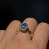 1.63ct Oval Untreated Madagascar Teal Sapphire Antique-Style Diamond Halo Ring in 14k Yellow Gold
