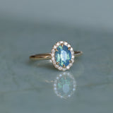 1.63ct Oval Untreated Madagascar Teal Sapphire Antique-Style Diamond Halo Ring in 14k Yellow Gold