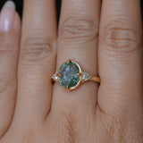 3.05ct Untreated Fantasy Cut Green Sapphire and Diamond Three Stone Antique Compass Style Low Profile Ring in 18k Yellow Gold