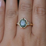 3.05ct Untreated Fantasy Cut Green Sapphire and Diamond Three Stone Antique Compass Style Low Profile Ring in 18k Yellow Gold