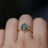3.05ct Untreated Fantasy Cut Green Sapphire and Diamond Three Stone Antique Compass Style Low Profile Ring in 18k Yellow Gold