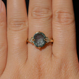3.05ct Untreated Fantasy Cut Green Sapphire and Diamond Three Stone Antique Compass Style Low Profile Ring in 18k Yellow Gold