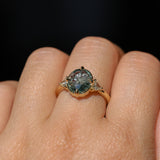 3.05ct Untreated Fantasy Cut Green Sapphire and Diamond Three Stone Antique Compass Style Low Profile Ring in 18k Yellow Gold
