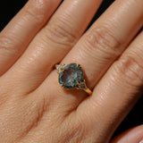 3.05ct Untreated Fantasy Cut Green Sapphire and Diamond Three Stone Antique Compass Style Low Profile Ring in 18k Yellow Gold