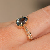 2.01ct Untreated Teal Pear Sapphire Low Profile 5 Prong Vine Solitaire with Diamonds in 14k Yellow Gold