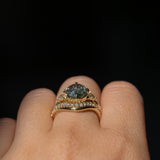 3.05ct Untreated Fantasy Cut Green Sapphire and Diamond Three Stone Antique Compass Style Low Profile Ring in 18k Yellow Gold