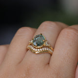 3.05ct Untreated Fantasy Cut Green Sapphire and Diamond Three Stone Antique Compass Style Low Profile Ring in 18k Yellow Gold