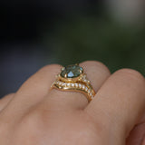 3.05ct Untreated Fantasy Cut Green Sapphire and Diamond Three Stone Antique Compass Style Low Profile Ring in 18k Yellow Gold