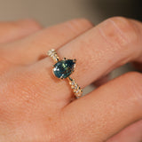 2.01ct Untreated Teal Pear Sapphire Low Profile 5 Prong Vine Solitaire with Diamonds in 14k Yellow Gold