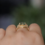 3.05ct Untreated Fantasy Cut Green Sapphire and Diamond Three Stone Antique Compass Style Low Profile Ring in 18k Yellow Gold