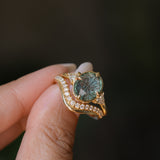 3.05ct Untreated Fantasy Cut Green Sapphire and Diamond Three Stone Antique Compass Style Low Profile Ring in 18k Yellow Gold