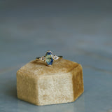 1.85ct Parti Australian Fantasy Cut Sapphire and White Australian Kite Sapphire Antique Milgrain Three Stone Low Profile Ring in 18k Yellow Gold