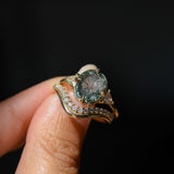 3.05ct Untreated Fantasy Cut Green Sapphire and Diamond Three Stone Antique Compass Style Low Profile Ring in 18k Yellow Gold