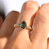 2.01ct Untreated Teal Pear Sapphire Low Profile 5 Prong Vine Solitaire with Diamonds in 14k Yellow Gold