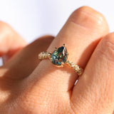 2.01ct Untreated Teal Pear Sapphire Low Profile 5 Prong Vine Solitaire with Diamonds in 14k Yellow Gold
