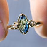 1.85ct Parti Australian Fantasy Cut Sapphire and White Australian Kite Sapphire Antique Milgrain Three Stone Low Profile Ring in 18k Yellow Gold