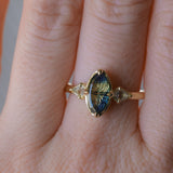 1.85ct Parti Australian Fantasy Cut Sapphire and White Australian Kite Sapphire Antique Milgrain Three Stone Low Profile Ring in 18k Yellow Gold