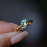 0.78ct Round Seafoam Teal Green Montana Sapphire Four Prong Lotus Solitaire in 14k Yellow Gold