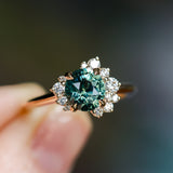 2.0ct Untreated Roval Teal Green Sapphire and Diamond Asymmetrical Cluster Ring in 14k Yellow Gold