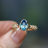 2.01ct Untreated Teal Pear Sapphire Low Profile 5 Prong Vine Solitaire with Diamonds in 14k Yellow Gold