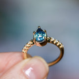 2.01ct Untreated Teal Pear Sapphire Low Profile 5 Prong Vine Solitaire with Diamonds in 14k Yellow Gold