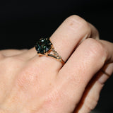 4.23ct Round Teal Green Sapphire Low Profile Wandering Vine Split Shank Six Prong Solitaire in 14k Yellow Gold