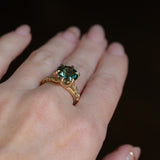 4.23ct Round Teal Green Sapphire Low Profile Wandering Vine Split Shank Six Prong Solitaire in 14k Yellow Gold