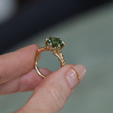 4.23ct Round Teal Green Sapphire Low Profile Wandering Vine Split Shank Six Prong Solitaire in 14k Yellow Gold