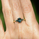 1.92ct Oval Untreated Madagascar Teal Sapphire and Pear Sapphire Antique Low Profile Prong Set Ring in 14k Yellow Gold
