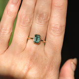 1.26ct Australian Untreated Emerald Cut Caribbean Teal Sapphire Low Profile Bezel Ring in 14k Yellow Gold