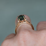 3.22ct Teal Oval Madagascar Sapphire and Diamond Vintage Cathedral Four Prong Ring in 14k Yellow Gold