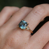 5.53ct Radant Cut Untreated Montana Sapphire and Princess Cut Diamond Rapids Low Profile Ring in 14k Yellow Gold