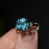 5.53ct Radant Cut Untreated Montana Sapphire and Princess Cut Diamond Rapids Low Profile Ring in 14k Yellow Gold