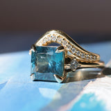 5.53ct Radant Cut Untreated Montana Sapphire and Princess Cut Diamond Rapids Low Profile Ring in 14k Yellow Gold