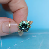 4.23ct Round Teal Green Sapphire Low Profile Wandering Vine Split Shank Six Prong Solitaire in 14k Yellow Gold